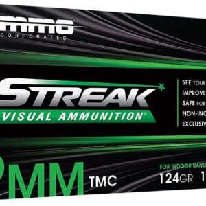 Ammo Inc Streak Visual (GREEN) Self Defense Pistol 500 Rounds Ammunition 9124TMCSTRKGRN50, 9mm Luger, Total Metal Case, 124 GR, 1065 fps