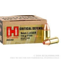 250 Rounds of 9mm Ammo by Hornady - 115gr JHP