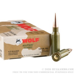 500 Rounds of 6.5mm Grendel Ammo by Wolf Military Classic - 100 gr FMJ
